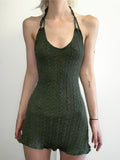 Knitted Fairy Grunge Green Folds Mini Dresses Gothic Retro Backless A-Line Women Dress Sexy Halter Lettuce Hem Outfits LANFUBEISI