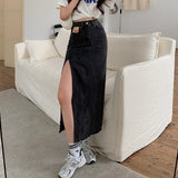 Long Denim Skirt Vintage Women Solid High Waist  A-LINE Slim Korean Style Jean Slit Midi Skirt Summer Fashion Girl LANFUBEISI