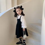 LANFUBEISI Girls spring fashion white blouse and black overalls dress Kids all-match Outfits 2pcs sets LANFUBEISI