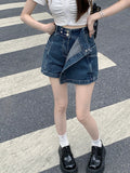 Y2K Vintage Women Korean Button Blue Short Denim Pants Mini Shorts Aesthetic Fairy Grunge High Waist Jeans A-line Alt Clothes LANFUBEISI