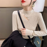 Fashion Hollow White Sweater Women Korean Solid Knitted Tops Autumn Winter Half High Collar Pullovers Casual Slim Clothes LANFUBEISI