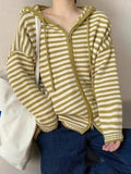 LANFUBEISI - Hooded Striped Long Sleeve Knit Cardigan LANFUBEISI