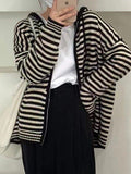 LANFUBEISI - Hooded Striped Long Sleeve Knit Cardigan LANFUBEISI