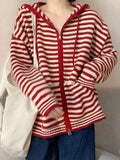 LANFUBEISI - Hooded Striped Long Sleeve Knit Cardigan LANFUBEISI