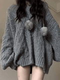 LANFUBEISI - Oversize V Neck Gray Cable Knit Sweater LANFUBEISI