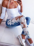 Plus Size 3XL Lace Floral Crochet Hollow-Out Jeans Autumn Women Elegant Sexy Denim Pencil Skinny Jeans Lanfubeisi