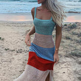 2021 New Low Cut Women Dress Beach Cover-ups Crochet Knitted Tunic Bikini Cover up Swim Striped Beachwear Split Long Kaftan Lanfubeisi