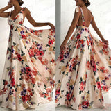 LANFUBEISI Fashion Summer Women Boho Long Maxi Dress Backless Sleeveless V Neck Flower Dress Evening Party Beach Dresses Sundress