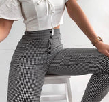 Lanfubeisi InstaHot High Waist Pants Autumn Elegant Trousers Women Grey Plaid Button Front Ladies Pencil Skinny Pants Casual Streetwear