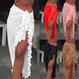 Women Chiffon See-Through Beach Bikini Cover Up Wrap Scarf Swimwear Pareo Sarong Dress Solid Ruffle Casual Beach Dress Lanfubeisi