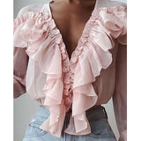 Summer Women Elegant Chiffon Shirt Female Stylish Flounce Top Solid Color V-Neck Sun protection long-sleeved fairy Blouse Lanfubeisi