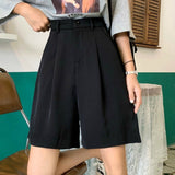 Shorts Women Summer Button Knee-length Black Wide-leg Loose Drape Korean-style Casual Womens Office BF Streetwear Fashion Simple Lanfubeisi