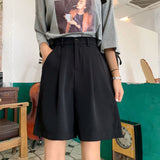 Shorts Women Summer Button Knee-length Black Wide-leg Loose Drape Korean-style Casual Womens Office BF Streetwear Fashion Simple Lanfubeisi