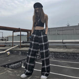 LANFUBEISI elastic waist plaid pants women high waist  wide leg Pants Casual female korean  jogger punk trousers women clothes gothic Lanfubeisi