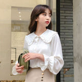 LANFUBEISI Blouses Shirts Women Peter Pan Collar Petal Sleeve Single Breasted Daily Elegant Womens Students Temperament Smooth Comfortable Lanfubeisi