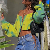 LANFUBEISI Cryptographic Fall 2020 Girls Green Oversized Cardigan Crop Top Sweater Knitted Cute Long Sleeve Pins Sweaters Tie Dye Cartigans LANFUBEISI