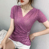 5XL Women lace tops New Arrivals 2020 Summer short sleeve v-neck women blouse shirt Sexy Hollow out lace tops plus size blusas Lanfubeisi
