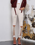 Autumn Sexy Women Lace Up Faux Suede Stretch Bodycon Pencil Pants Hollow Out Winter Female High Waist Bandage Pants Lanfubeisi