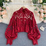 LANFUBEISI Sexy Lace Hollow Out Short Blouse Casual Lantern Long Sleeve Stand Collar Shirts Female Elegant Red/Pink/White Loose Tops Lanfubeisi