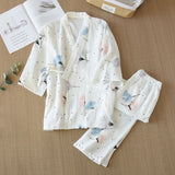Spring and Summer Pure Cotton Yarn Kimono Pajamas V-Neck Printing Plus Size Pijama Mujer Loungewear Women 2 Piece Sleepwear Lanfubeisi