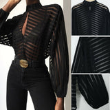 Black Women Mesh Sheer Blouses Ladies Long Sleeve Striped Front Hollow Out Transparent Shirts Blusas Mujer Camisas Lanfubeisi