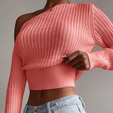 LANFUBEISI New Sexy Off Shoulder Women' Sweater Jumper Spring Long Sleeve Knitted Crop Tops Fashion Solid Lady Pullover Sweaters Streetwear LANFUBEISI