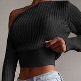 LANFUBEISI New Sexy Off Shoulder Women' Sweater Jumper Spring Long Sleeve Knitted Crop Tops Fashion Solid Lady Pullover Sweaters Streetwear LANFUBEISI