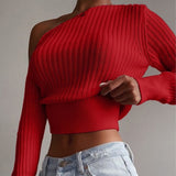 LANFUBEISI New Sexy Off Shoulder Women' Sweater Jumper Spring Long Sleeve Knitted Crop Tops Fashion Solid Lady Pullover Sweaters Streetwear LANFUBEISI