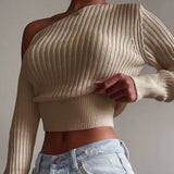 LANFUBEISI New Sexy Off Shoulder Women' Sweater Jumper Spring Long Sleeve Knitted Crop Tops Fashion Solid Lady Pullover Sweaters Streetwear LANFUBEISI