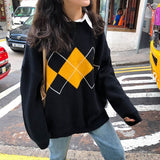 Knitted Sweater Women Argyle Oversize Sweaters Korean Pullovers Ladies Winter Loose Sweaters Female Casual Jumper Ropa De Mujer Lanfubeisi