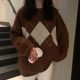 Knitted Sweater Women Argyle Oversize Sweaters Korean Pullovers Ladies Winter Loose Sweaters Female Casual Jumper Ropa De Mujer Lanfubeisi