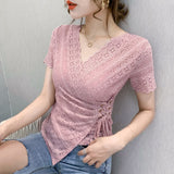 5XL Women lace tops New Arrivals 2020 Summer short sleeve v-neck women blouse shirt Sexy Hollow out lace tops plus size blusas Lanfubeisi