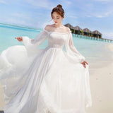 White Dress Elegant Fairy Chiffon Off Shoulder Dress Maxi Long Sleeve Sexy Beach Dresses Women Boho Autumn Clothes 2021 Vintage Lanfubeisi
