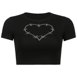 Punk Vintage Rhinestone Spider Graphic Black T-Shirts Mall Goth Y2K O-Neck Short Sleeve Crop Tops E-Girl Aesthetics Tees Lanfubeisi