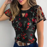 Summer Women Shirts Elegant Butterfly Short Sleeves Blouse Ruffle Tops Solid Hollow Out Loose Floral Embroidery Casual Lady Tops Lanfubeisi