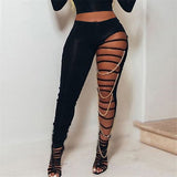 hirigin Sexy High Waist Ripped Leggings Women Black Slim Holes Trousers With Gold Chain Pencil Pants Casual Fashion Clothing Lanfubeisi