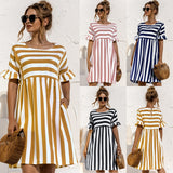 LANFUBEISI  Summer New Fashion O Neck Women's Dress Casual Loose Solid Short Sleeve Ruffle Patchwork Pocket Ladies Stripe Dress