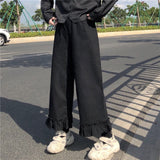 Japanese Kawaii Soft Girl Women Pants Sweet Ruffled Basis Wild High Waist Loose Trousers Elastic Waist Casual Solid Student Pant Lanfubeisi