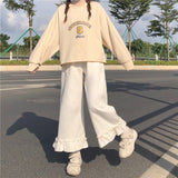 Japanese Kawaii Soft Girl Women Pants Sweet Ruffled Basis Wild High Waist Loose Trousers Elastic Waist Casual Solid Student Pant Lanfubeisi
