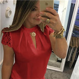 Summer Women Chiffon Blouses  Stand Collar Lace Short Sleeves Elegant Lady's Shirts Lace Patchwork Blouse Sexy Shirts Lanfubeisi