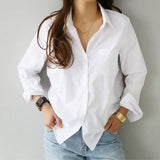 Ladies Loose Shirt Women Blouse Casual Lady Soft White OL Style Womens Tshirt Workwear Office Female Tops Pure New Lapel Blouses Lanfubeisi