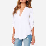 LANFUBEISI New Spring Women V Neck Chiffon Blouse Elegant Solid Roll Up Long Sleeve Casual Solid Office Shirt Plus Size 5XL Lady Blouse Top Lanfubeisi