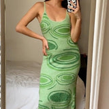 LANFUBEISI Sexy Print Knit Bodycon Dress Women Green Y2K Party Dress Hollow Out Sleeveless Spaghetti Strap Beach Midi Dresses Summer Lanfubeisi