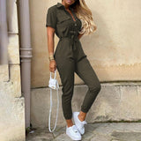 LANFUBEISI Summer Casual Short Sleeve Rompers Womens Jumpsuit Pure Color Button Overalls For Women Fashion Lace Up Slim Jumpsuit Women Lanfubeisi
