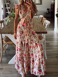 Boho Floral Print V Neck Long Beach Dress Frill Belt Lace Up Beach Cover Up Summer Vacation Beach Wear Women Tunic Honeymoon