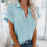 Gentillove Summer Office Lady Solid Tops and Blouses Casual Turn-drow Collar Shirt for Women Elegant Short Sleeve Loose Blouse Lanfubeisi