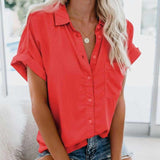 Gentillove Summer Office Lady Solid Tops and Blouses Casual Turn-drow Collar Shirt for Women Elegant Short Sleeve Loose Blouse Lanfubeisi