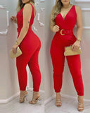 LANFUBEISI Summer Holiday Wear Clothes Women's Sexy Solid V Neck Sleeveless Casual Skinny Thick Strap Loungewear Long Jumpsuit With Belt Lanfubeisi