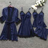 LANFUBEISI 4 Pieces 2021 Women Pajamas Sets Satin Sleepwear Silk Nightwear Pyjama Soild Strap Lace Sleep Lounge Pijama With Chest Pads Lanfubeisi