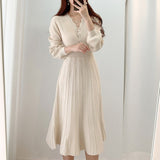 LANFUBEISI One Piece Korean Pleated Dress 2021 New Spring Long Sleeve Slim Woman Sweater Dresses Knitted Vintage Elegant Midi Party Dress LANFUBEISI